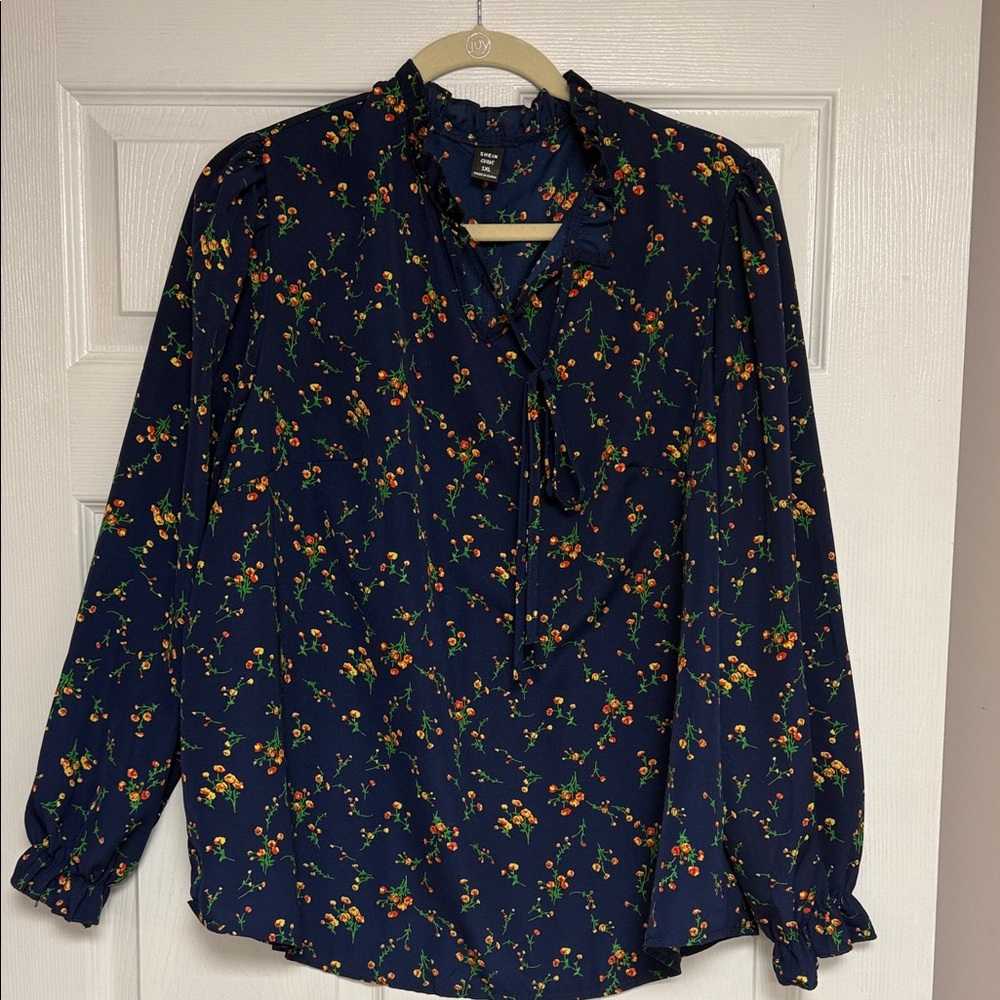 SHEIN Navy Floral Tie-Detail Blouse